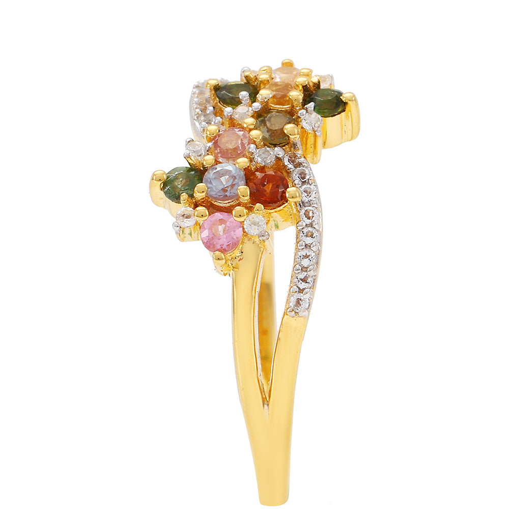 Anillo de Plata Bañada en Oro con Turmalina Arco Iris Pelmadulla y Topacio Blanco