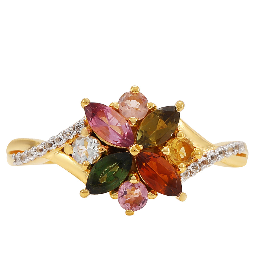 Anillo de Plata Bañada en Oro con Turmalina Arco Iris Pelmadulla y Topacio Blanco 1 