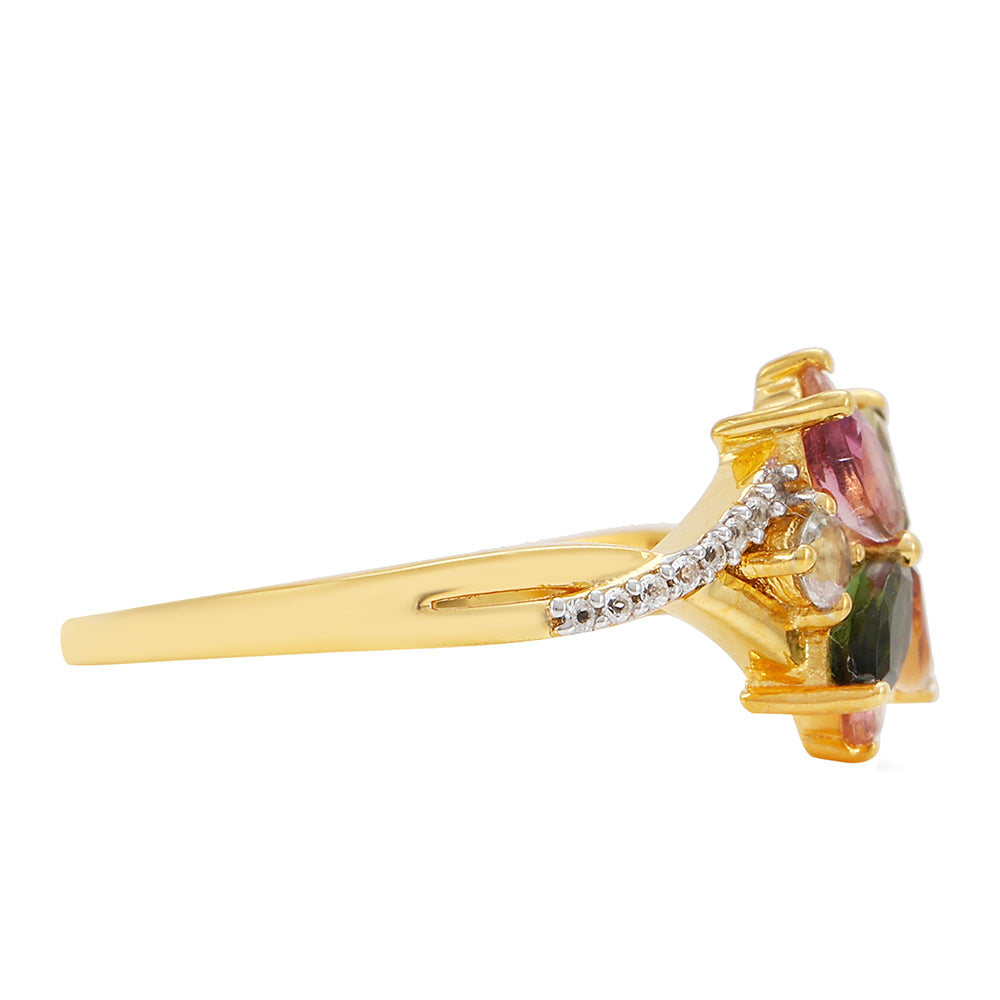 Anillo de Plata Bañada en Oro con Turmalina Arco Iris Pelmadulla y Topacio Blanco 2 