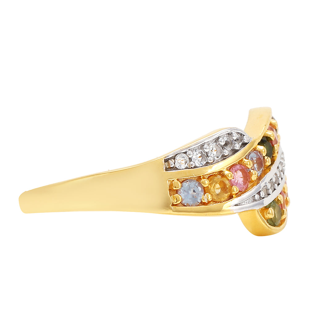 Anillo de Plata Bañada en Oro con Turmalina Arco Iris Pelmadulla y Topacio Blanco