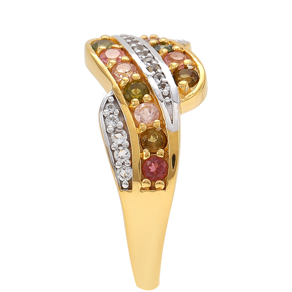 Anillo de Plata Bañada en Oro con Turmalina Arco Iris Pelmadulla y Topacio Blanco 3 