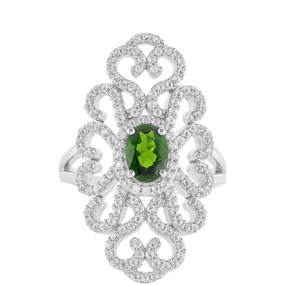 Anillo de Plata con Diópsido de Cromo y Topacio Blanco 1 