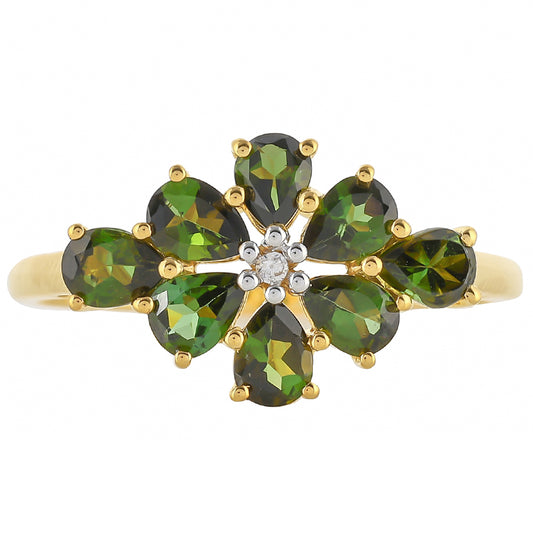 Anillo de Plata Bañada en Oro con Turmalina Verde y Zircón natural