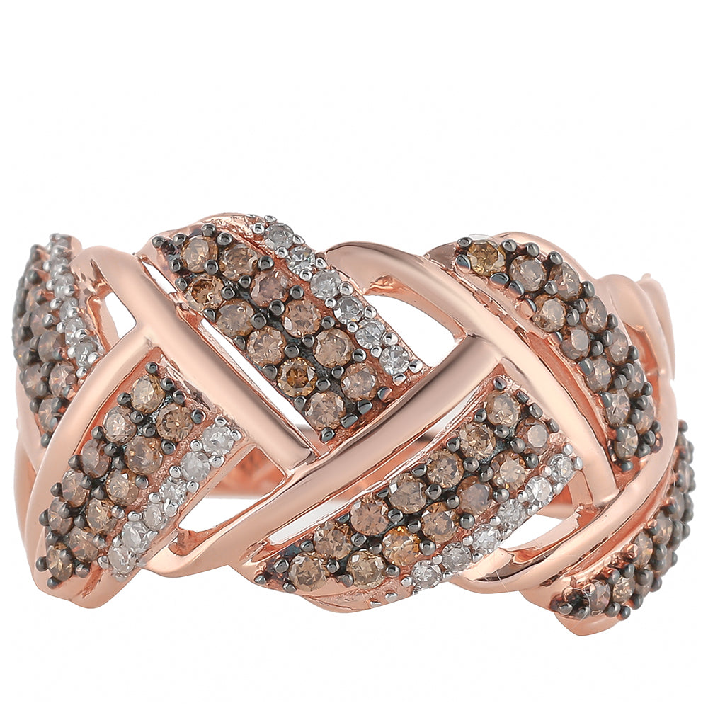 Anillo de Plata Bañada en Oro Rosa con Diamante Champagne y Diamante blanco