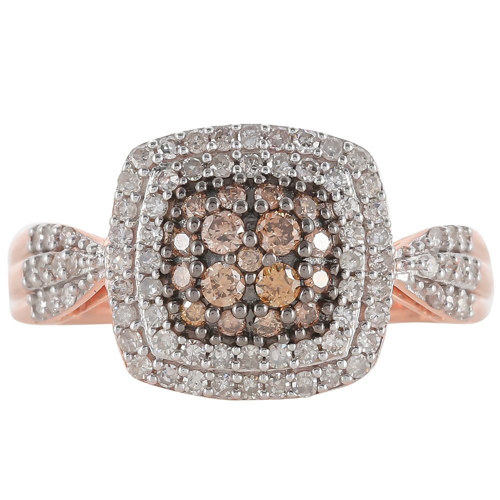 Anillo de Plata Bañada en Oro Rosa con Diamante Champagne y Diamante blanco