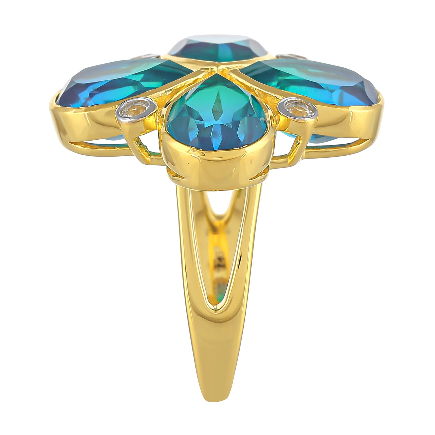Anillo de Plata Bañada en Oro con Cuarzo Pavo Real y Topacio Blanco