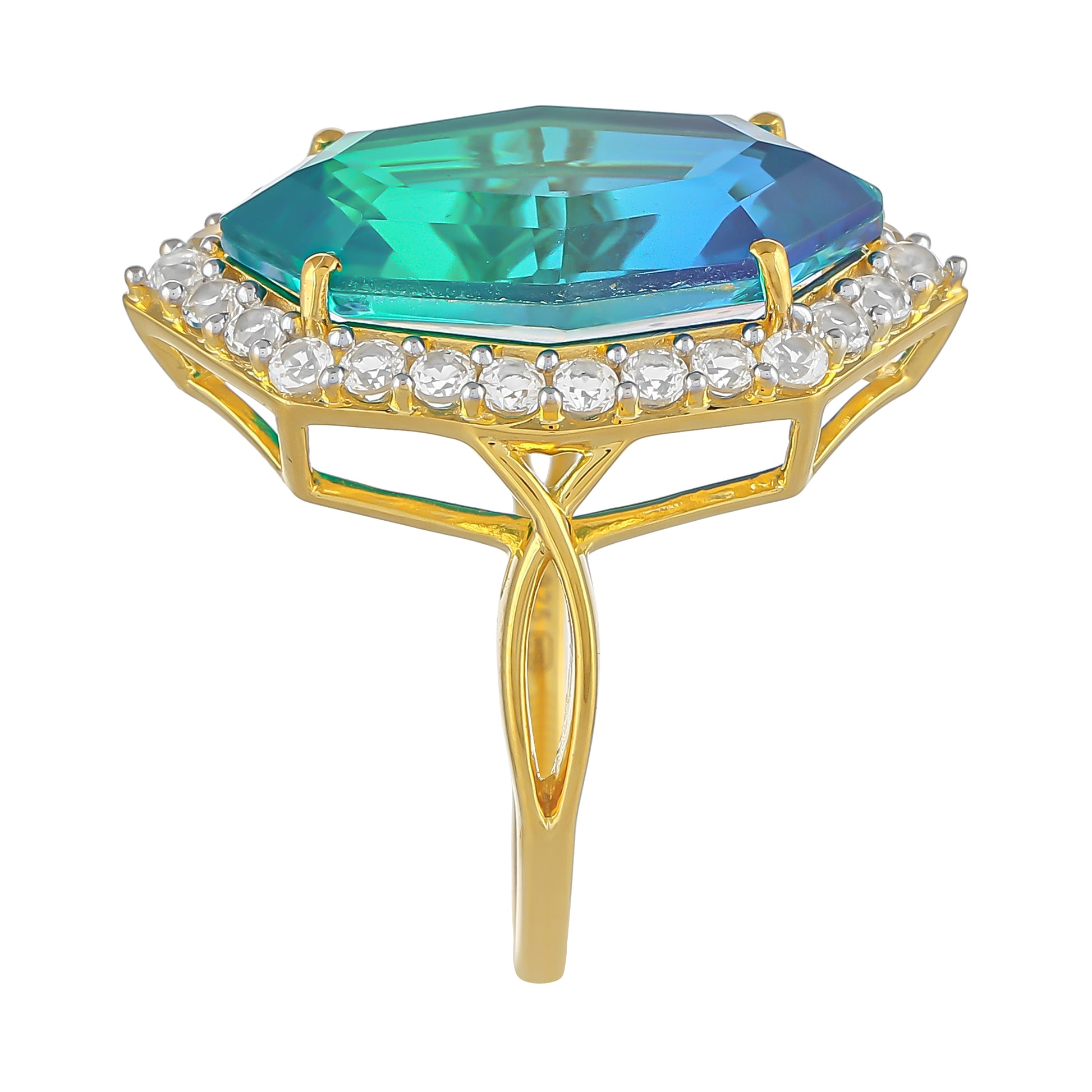 Anillo de Plata Bañada en Oro con Cuarzo Pavo Real y Topacio Blanco 3 