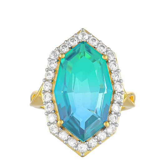 Anillo de Plata Bañada en Oro con Cuarzo Pavo Real y Topacio Blanco