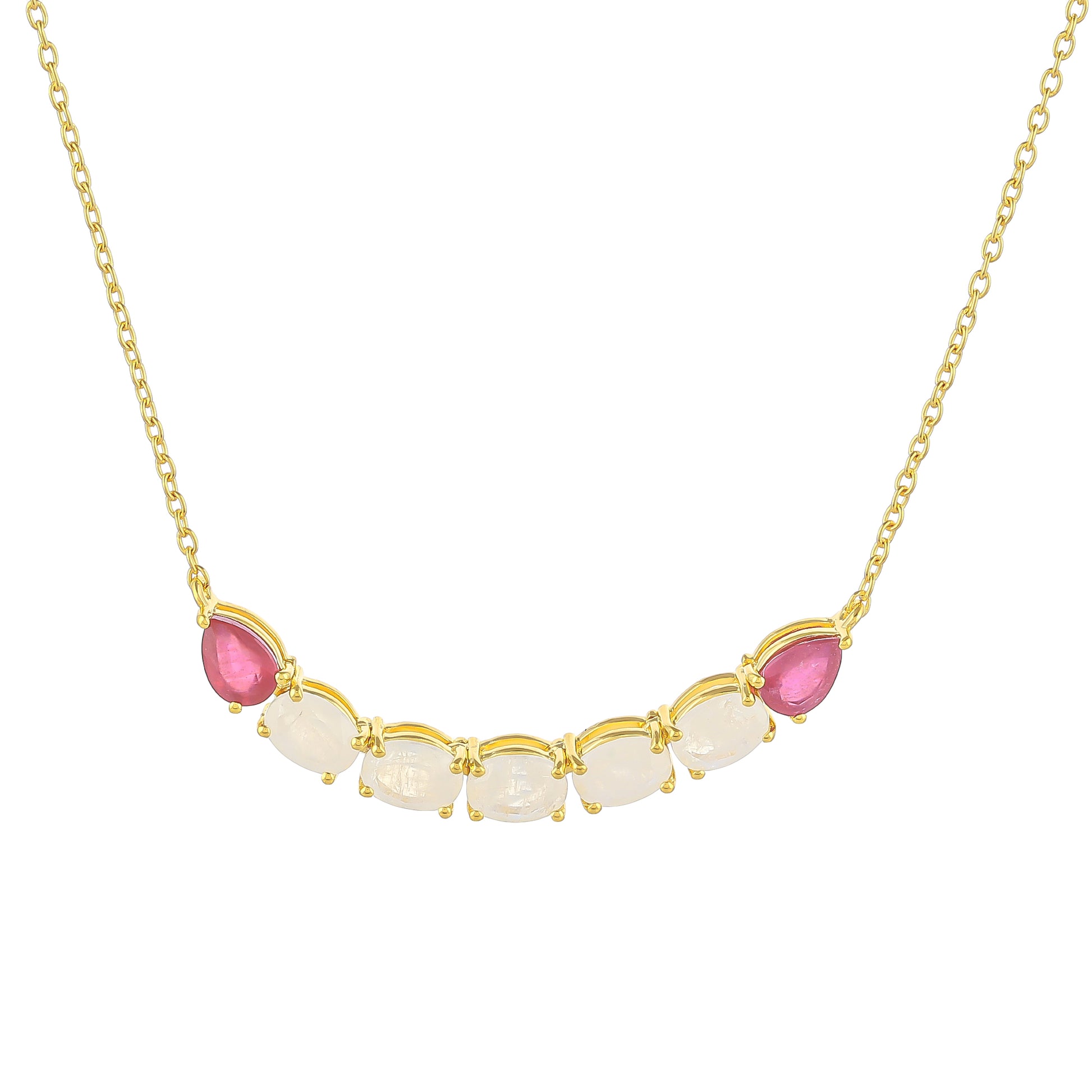 Collar de Plata Bañada en Oro con Piedra Lunar Arco Iris y Rubí de Tailandia 1 