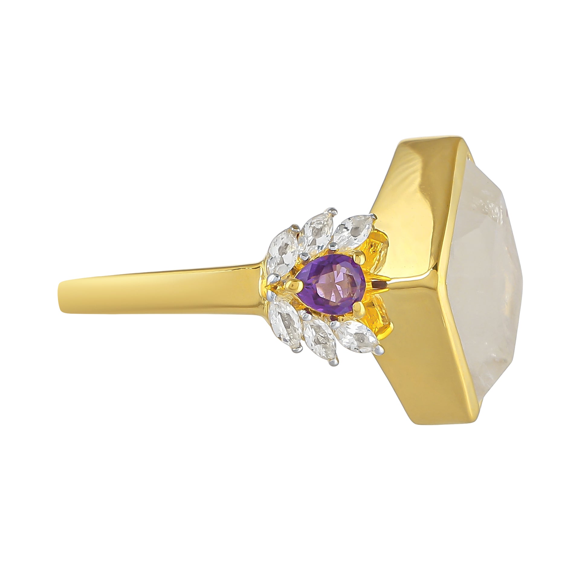 Anillo de Plata Bañada en Oro con Piedra Lunar Arco Iris y Amatista de Brasil 2 
