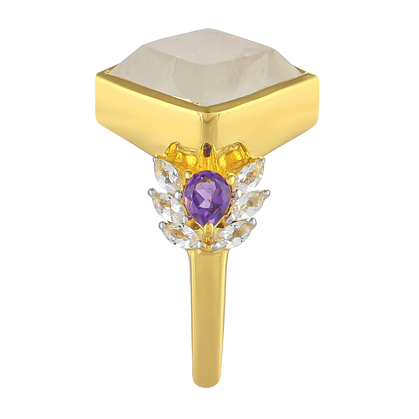 Anillo de Plata Bañada en Oro con Piedra Lunar Arco Iris y Amatista de Brasil