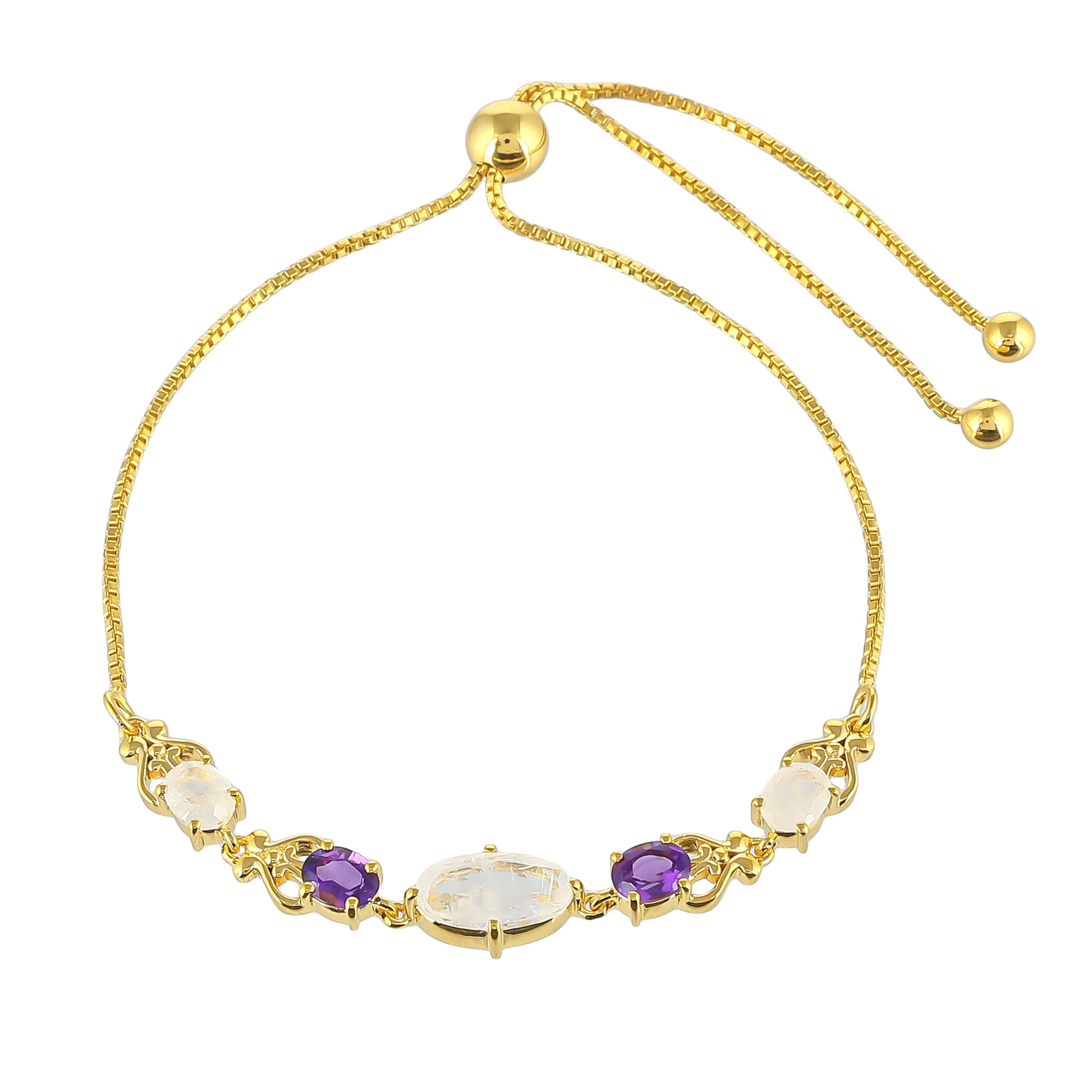 Pulsera de Plata Bañada en Oro con Piedra Lunar Arco Iris y Amatista de Brasil 1 