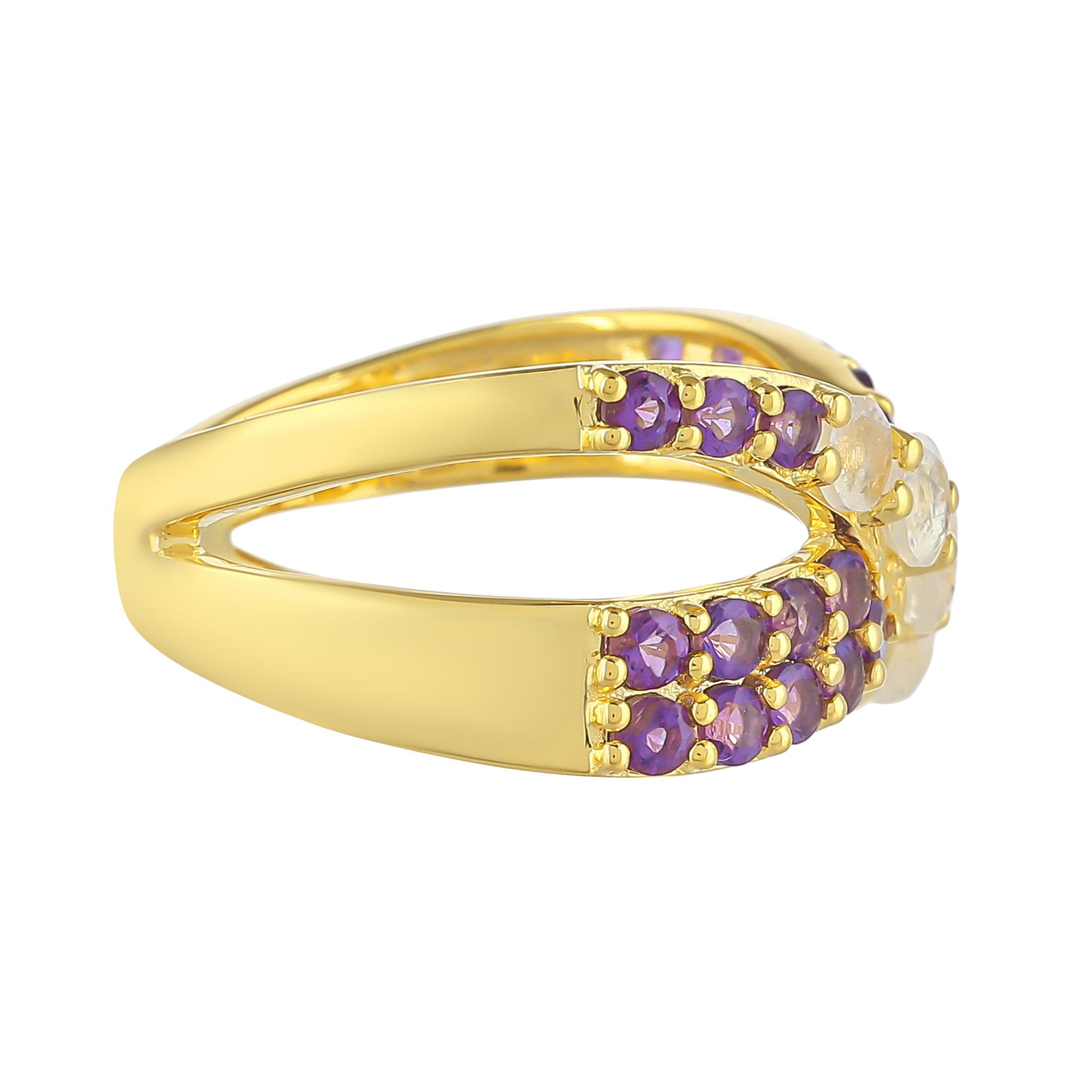Anillo de Plata Bañada en Oro con Piedra Lunar Arco Iris y Amatista de Brasil 2 