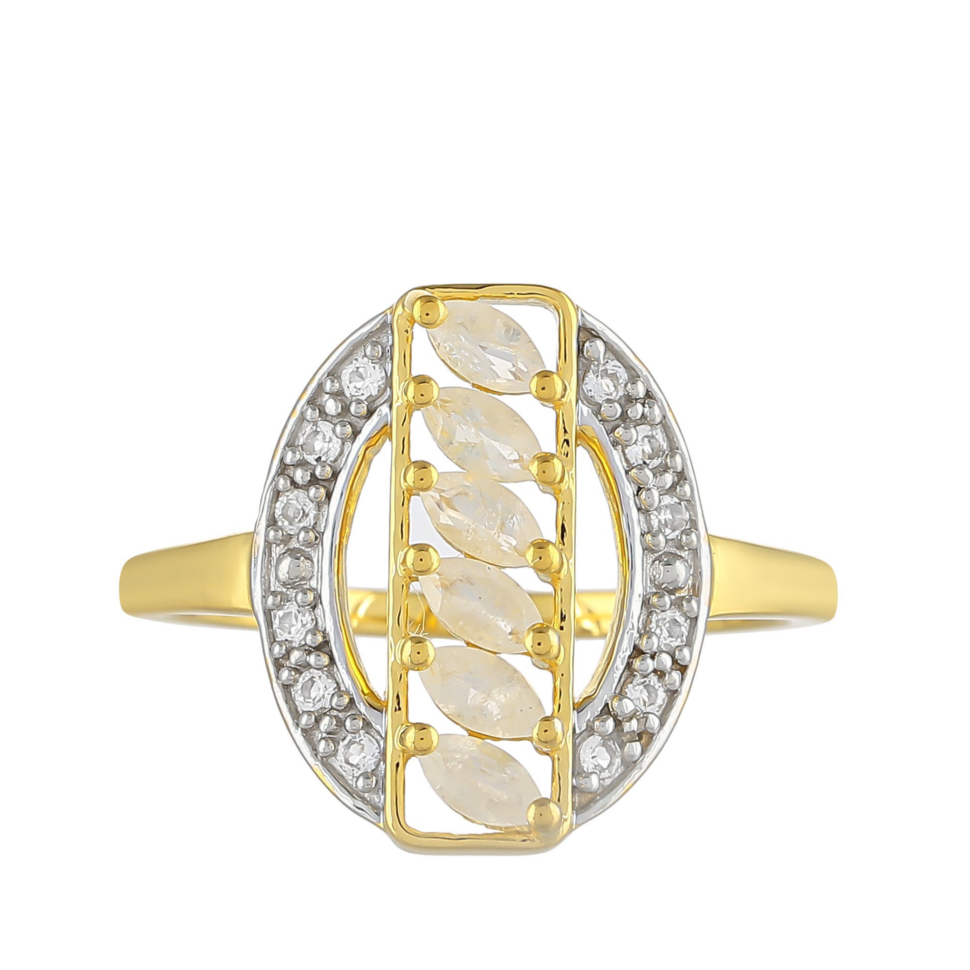 Anillo de Plata Bañada en Oro con Piedra Lunar Arco Iris y Topacio Blanco 1 