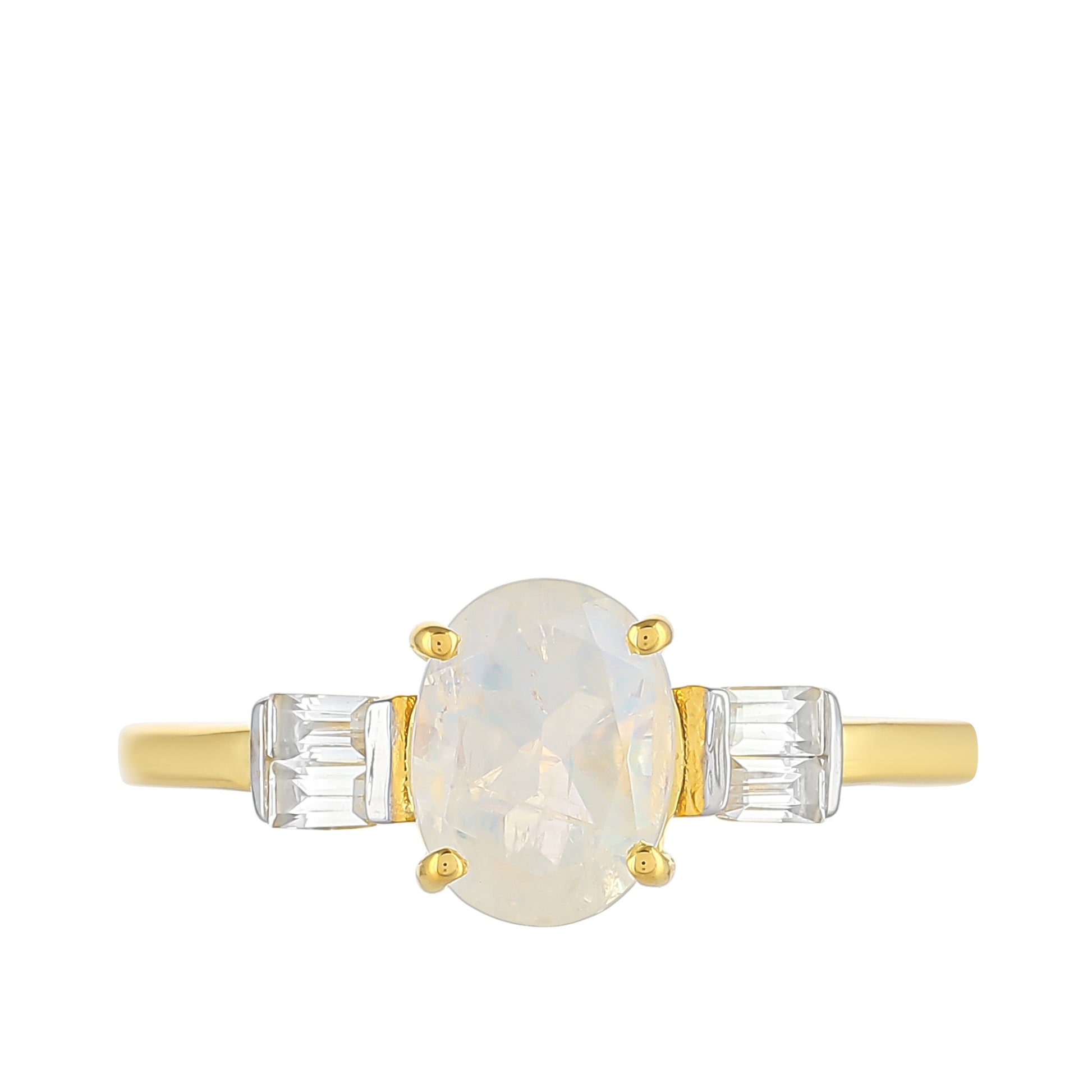 Anillo de Plata Bañada en Oro con Piedra Lunar Arco Iris y Topacio Blanco 1 
