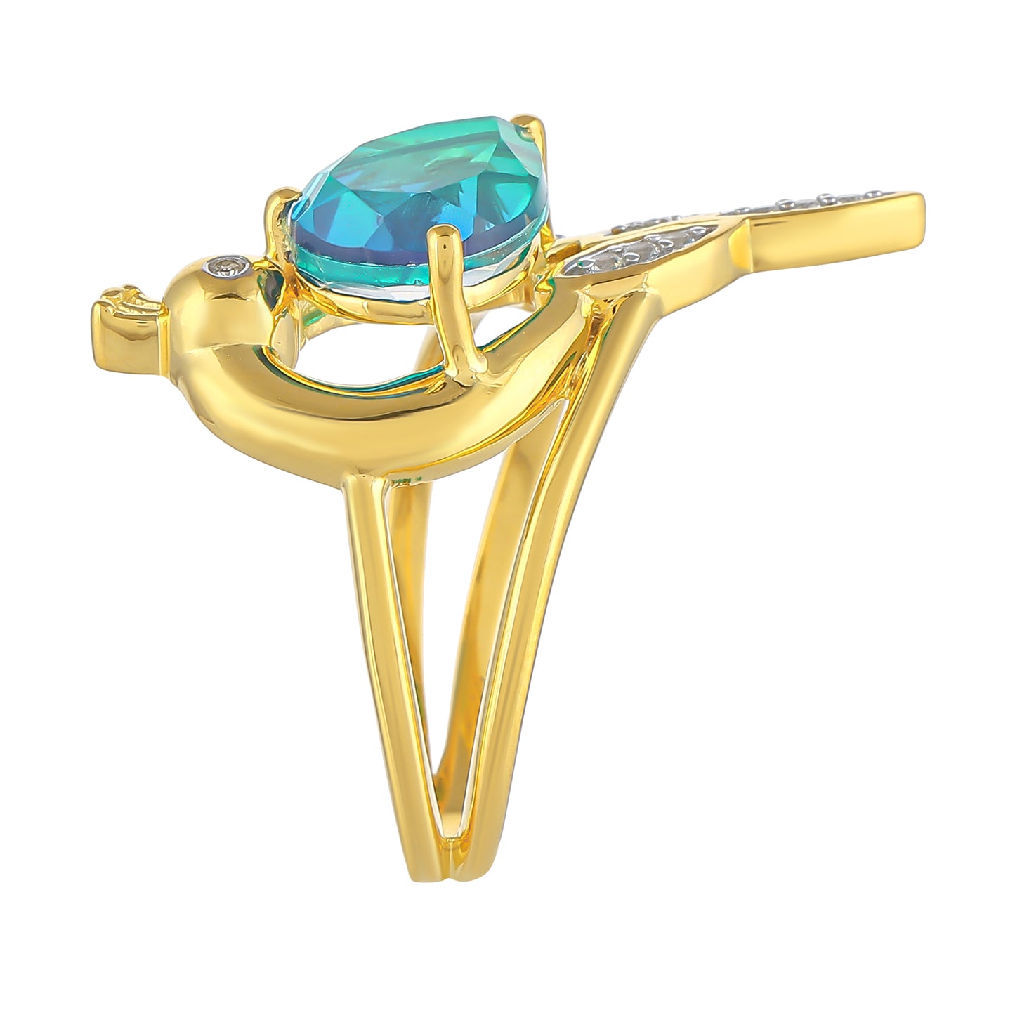 Anillo de Plata Bañada en Oro con Cuarzo Pavo Real y Topacio Blanco