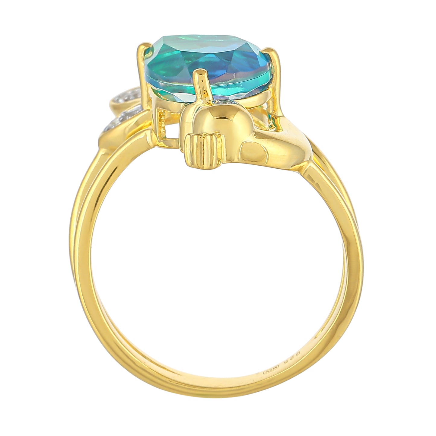 Anillo de Plata Bañada en Oro con Cuarzo Pavo Real y Topacio Blanco