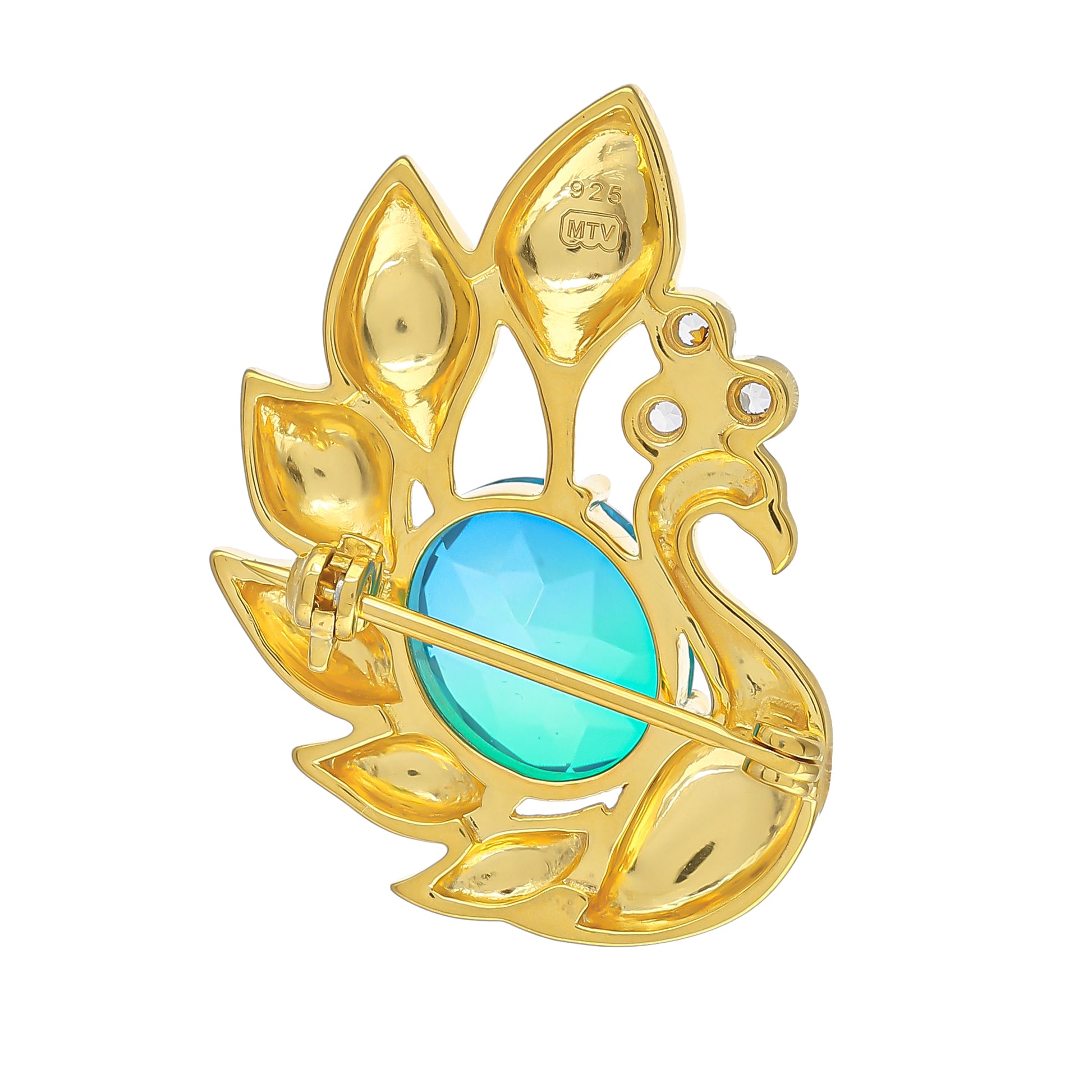 Broche de Plata Bañada en Oro con Cuarzo Pavo Real y Topacio Blanco 2 
