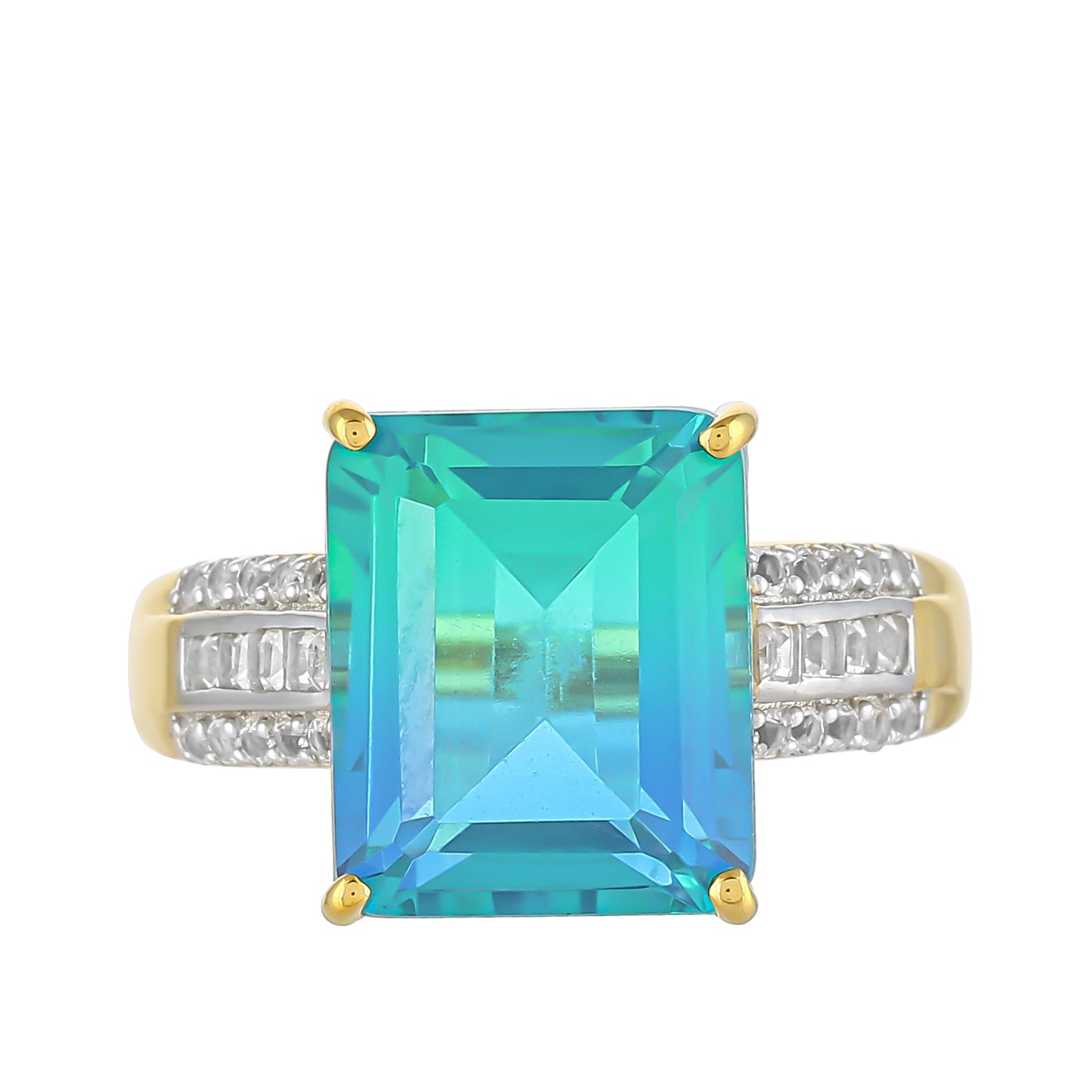 Anillo de Plata Bañada en Oro con Cuarzo Pavo Real y Topacio Blanco
