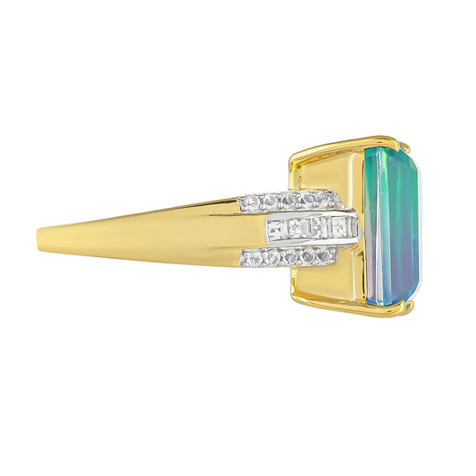 Anillo de Plata Bañada en Oro con Cuarzo Pavo Real y Topacio Blanco