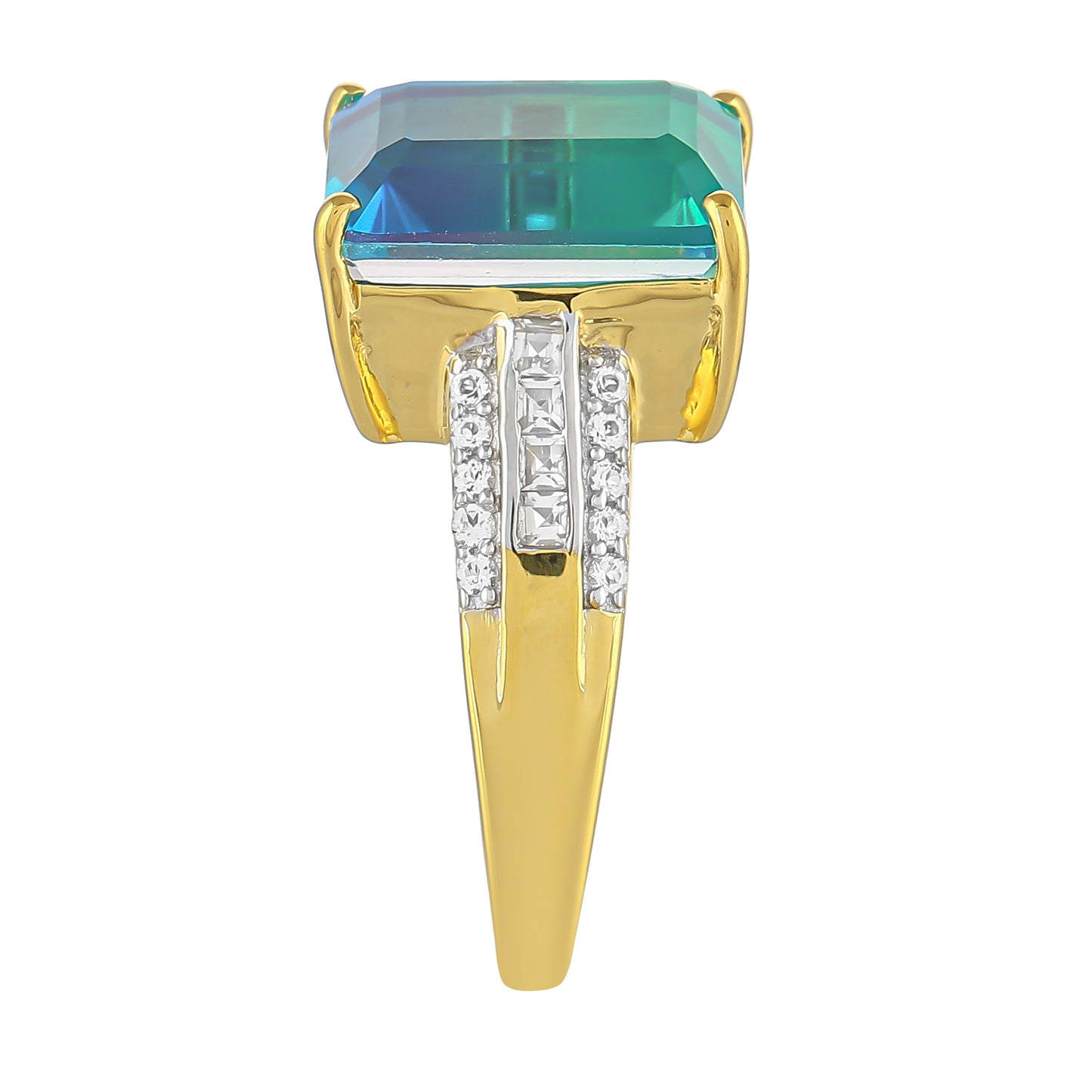 Anillo de Plata Bañada en Oro con Cuarzo Pavo Real y Topacio Blanco