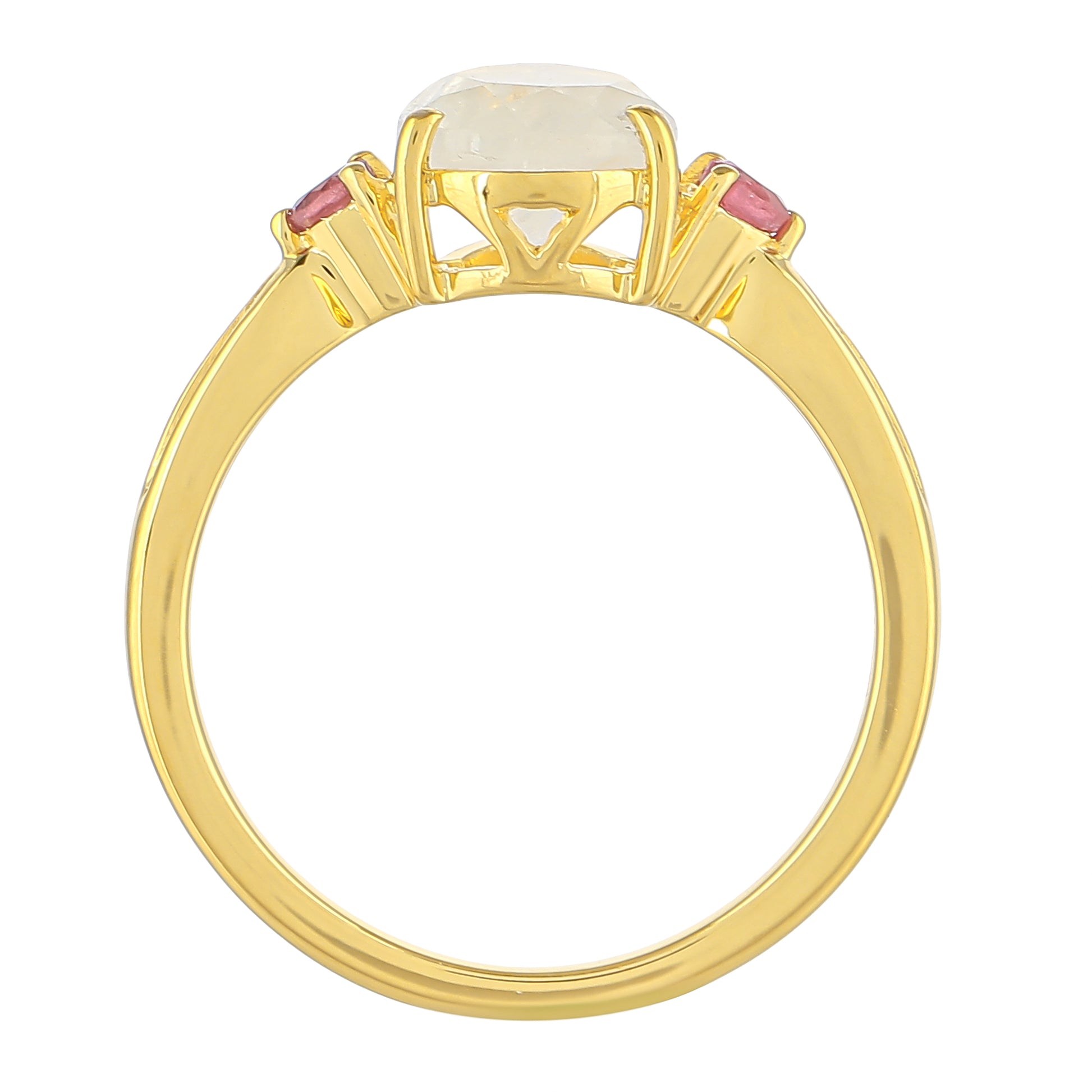Anillo de Plata Bañada en Oro con Piedra Lunar Arco Iris y Rubí de Tailandia 4 