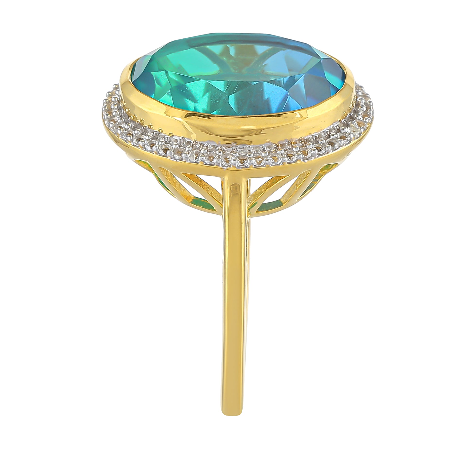 Anillo de Plata Bañada en Oro con Cuarzo Pavo Real y Topacio Blanco 3 