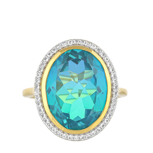 Anillo de Plata Bañada en Oro con Cuarzo Pavo Real y Topacio Blanco