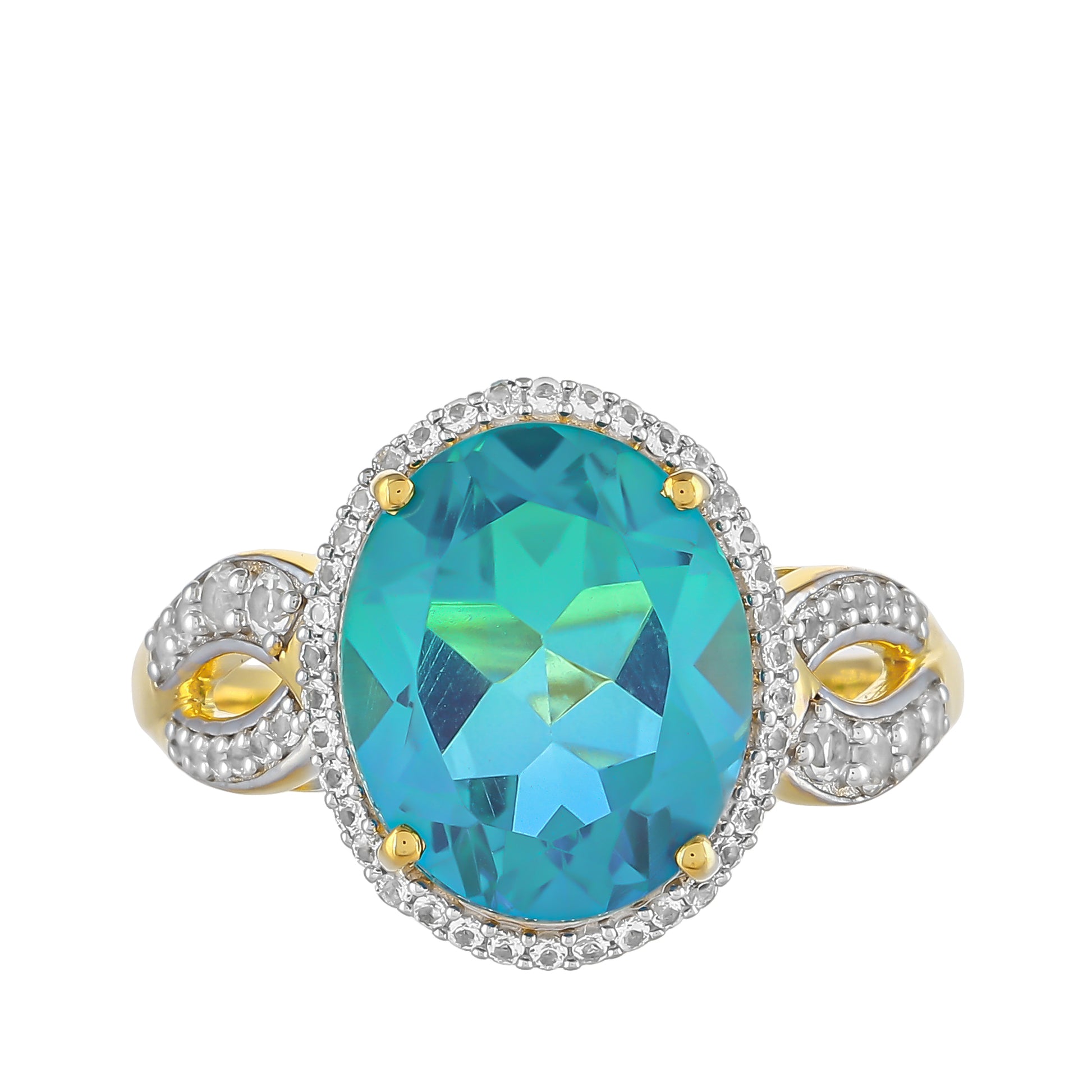 Anillo de Plata Bañada en Oro con Cuarzo Pavo Real y Topacio Blanco 1 