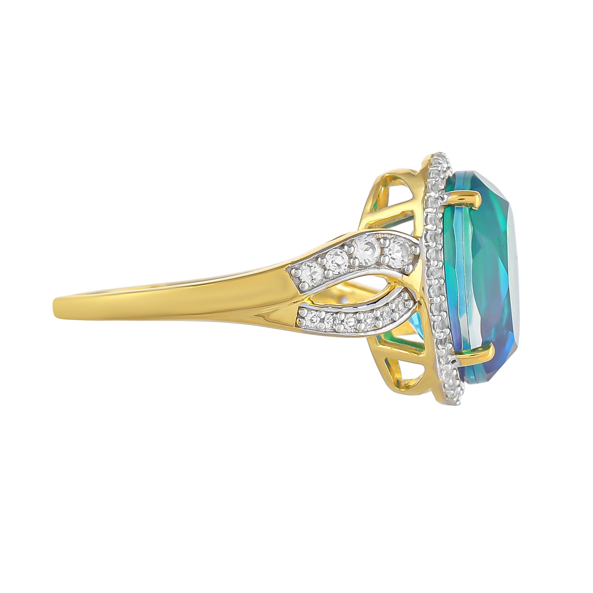 Anillo de Plata Bañada en Oro con Cuarzo Pavo Real y Topacio Blanco 2 
