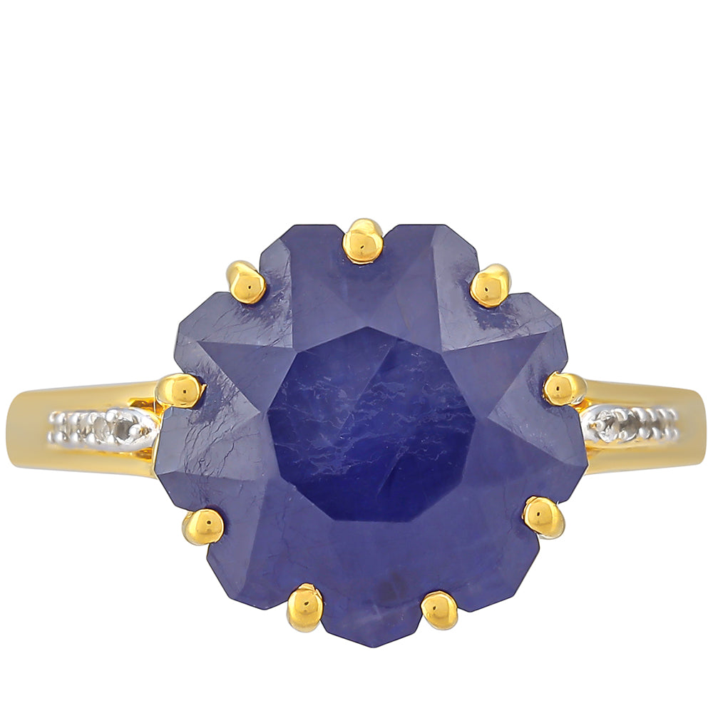 Anillo de Plata Bañada en Oro con Zafiro Azul de Tailandia y Topacio Blanco 1 