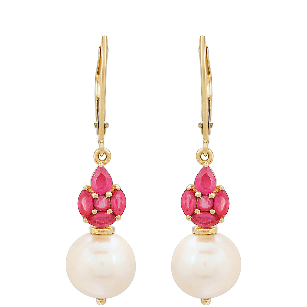 Pendientes de Oro 9K con Rubí de Tailandia y Perla blanca de agua dulce
