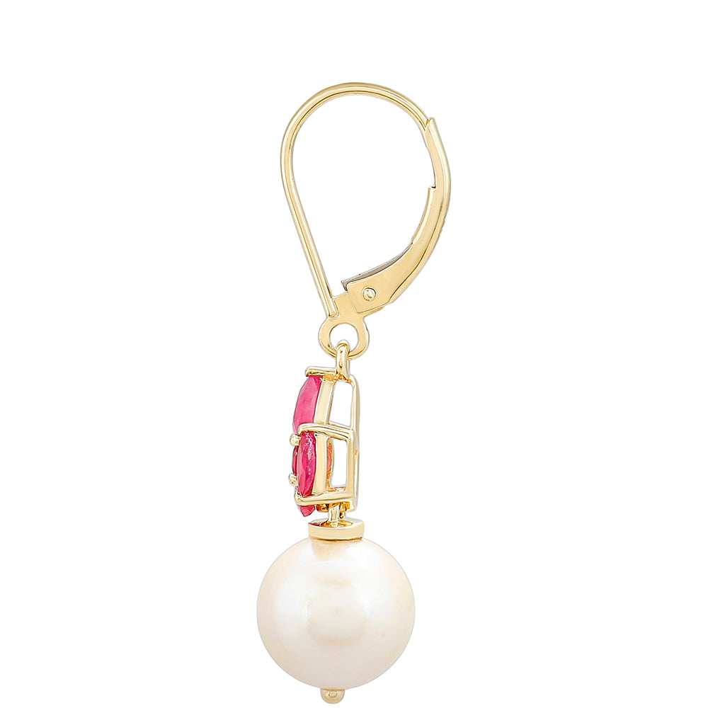 Pendientes de Oro 9K con Rubí de Tailandia y Perla blanca de agua dulce 2 