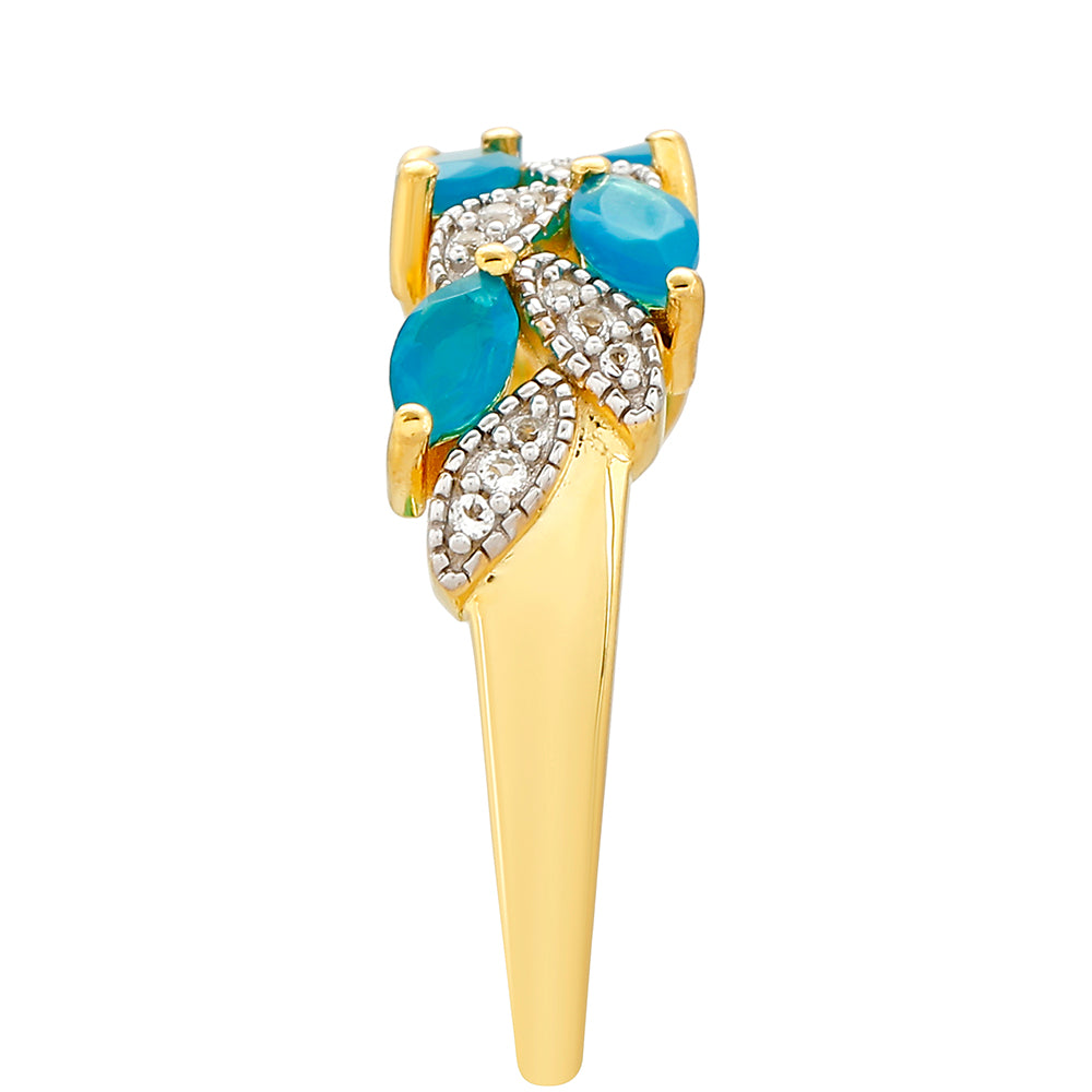 Anillo de Plata Bañada en Oro con Ópalo Azul Paraiba de Etiopía y Topacio Blanco 3 