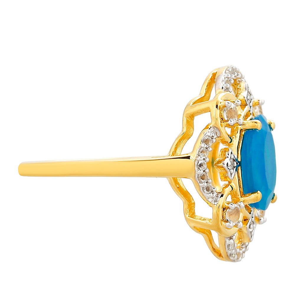 Anillo de Plata Bañada en Oro con Ópalo Azul Paraiba de Etiopía y Topacio Blanco 2 