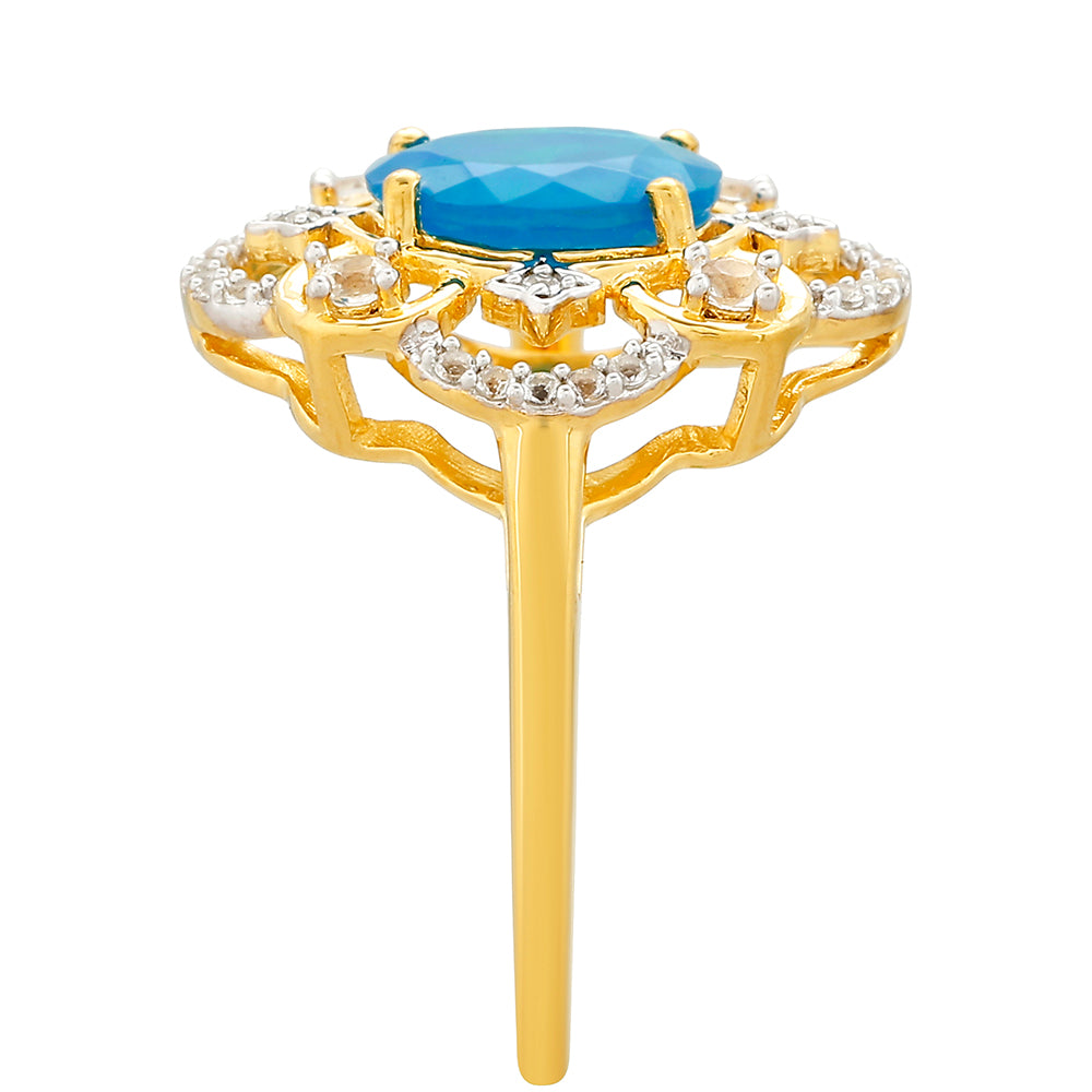 Anillo de Plata Bañada en Oro con Ópalo Azul Paraiba de Etiopía y Topacio Blanco 3 