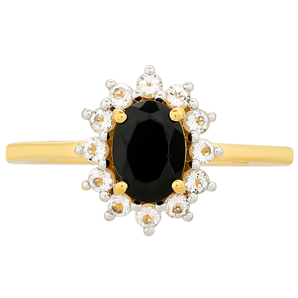 Anillo de Plata Bañada en Oro con Turmalina Negra y Topacio Blanco