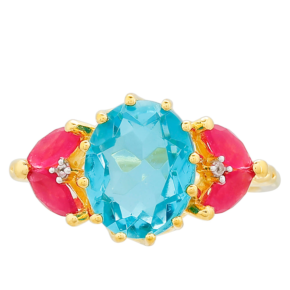 Anillo de Plata Bañada en Oro con Cuarzo Paraiba y Cuarzo Rojo
