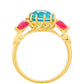 Anillo de Plata Bañada en Oro con Cuarzo Paraiba y Cuarzo Rojo