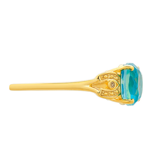 Anillo de Plata Bañada en Oro con Cuarzo Paraiba y Topacio Blanco