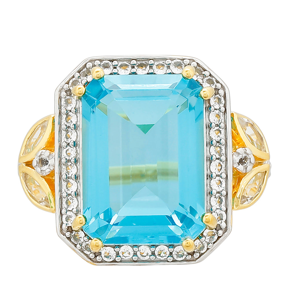 Anillo de Plata Bañada en Oro con Cuarzo Paraiba y Topacio Blanco 1 