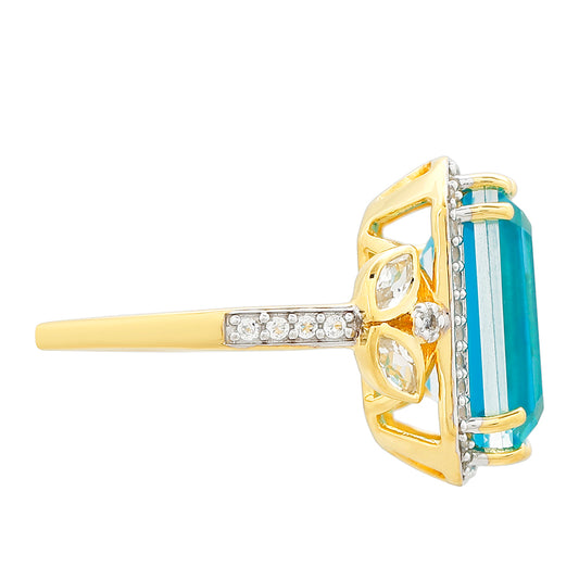 Anillo de Plata Bañada en Oro con Cuarzo Paraiba y Topacio Blanco