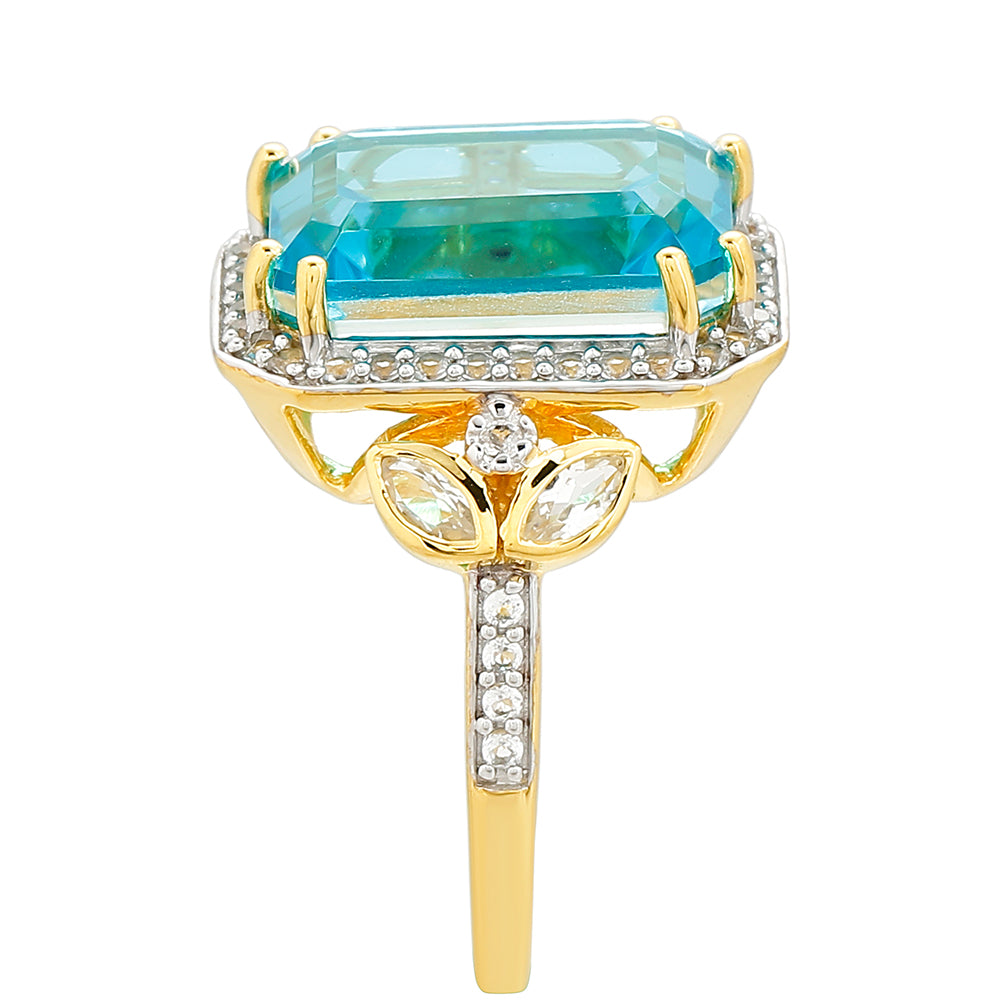 Anillo de Plata Bañada en Oro con Cuarzo Paraiba y Topacio Blanco 3 