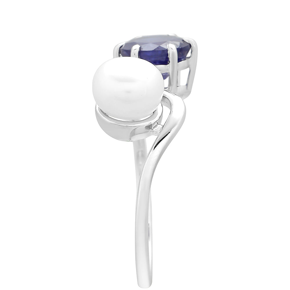 Anillo de Plata con Zafiro de Tailandia y Perla blanca de agua dulce 3 