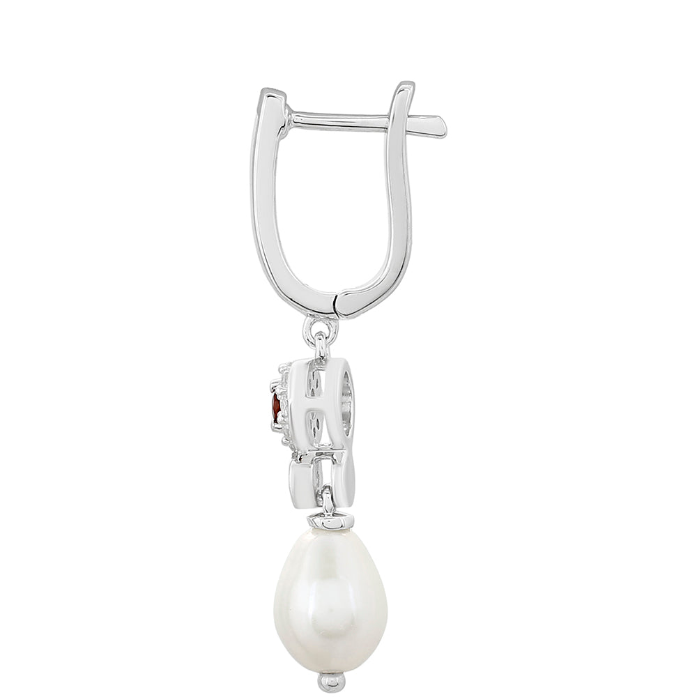 Pendientes de Plata con Granate y Perla blanca de agua dulce 2 