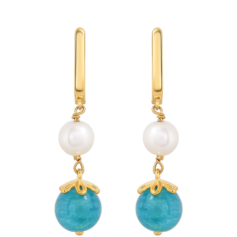 Pendientes de Plata Bañada en Oro con Cuarzo Paraiba y Perla blanca de agua dulce