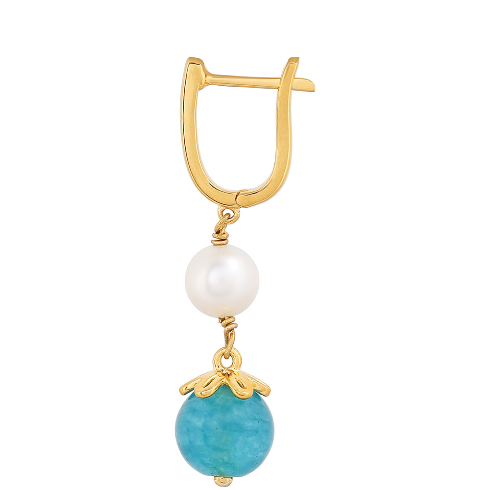 Pendientes de Plata Bañada en Oro con Cuarzo Paraiba y Perla blanca de agua dulce 2 