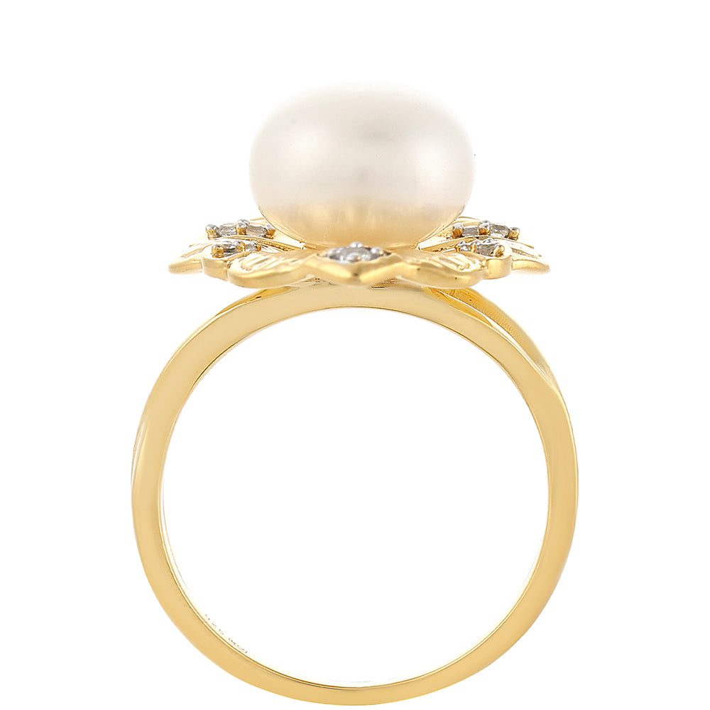 Anillo de Plata Bañada en Oro con Perla Barroca Cultivada de Agua Dulce y Topacio Blanco
