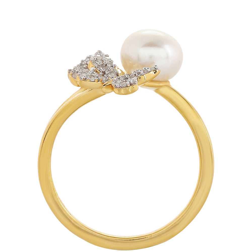 Anillo de Plata Bañada en Oro con Perla Barroca Cultivada de Agua Dulce y Topacio Blanco 3 
