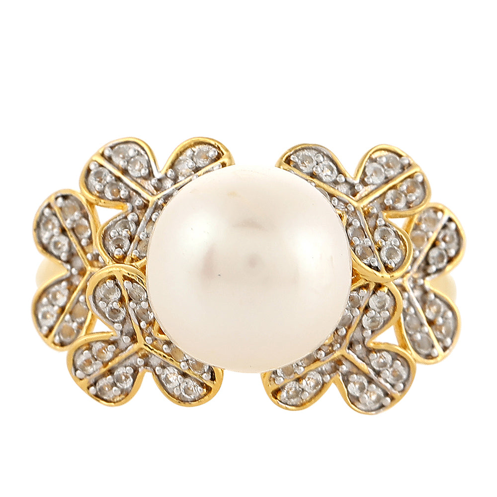 Anillo de Plata Bañada en Oro con Perla Barroca Cultivada de Agua Dulce y Topacio Blanco